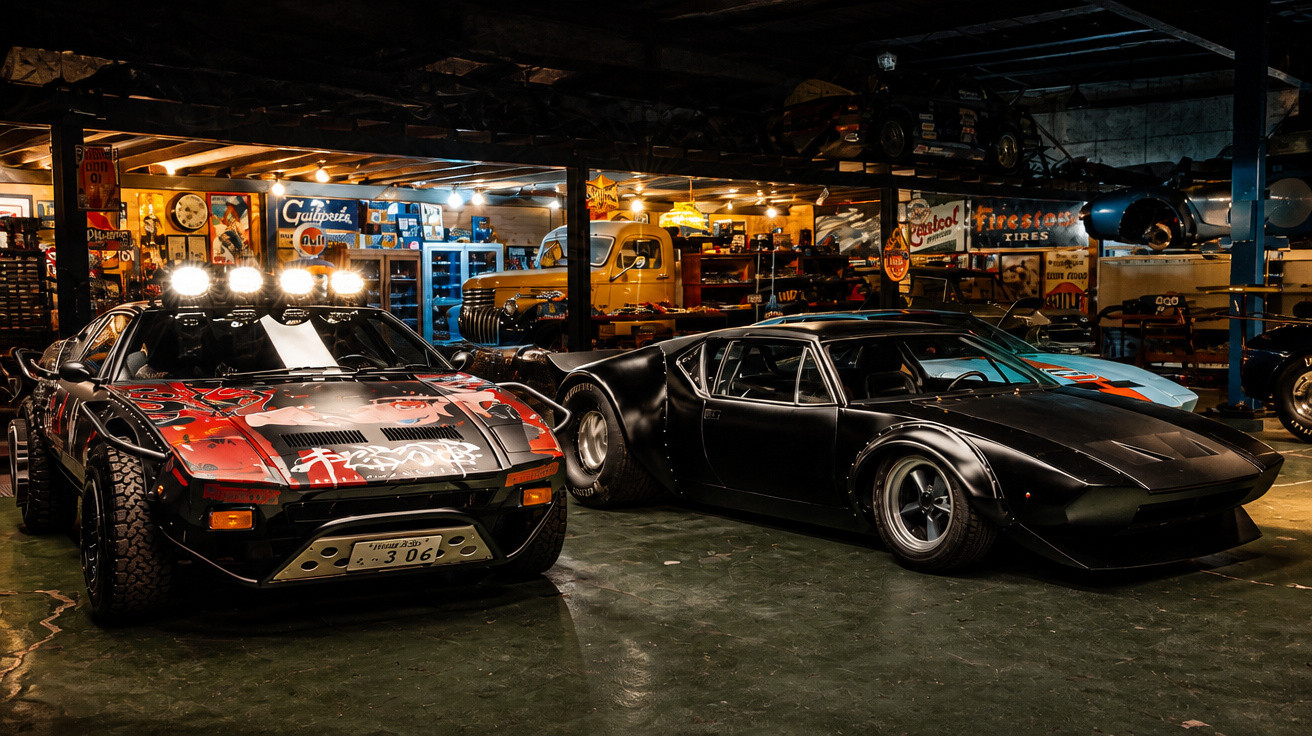 Two customised vintage sports cars parked in a dimly lit classic car garage with retro signage.