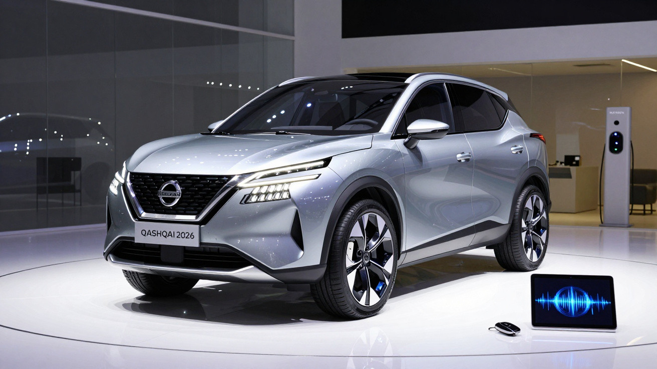 Silver 2026 Nissan Qashqai SUV displayed indoors with tablet and car key on the floor beside it.