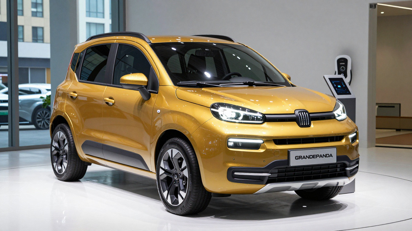 Gold Fiat Grande Panda compact car displayed indoors on white floor with large windows in background