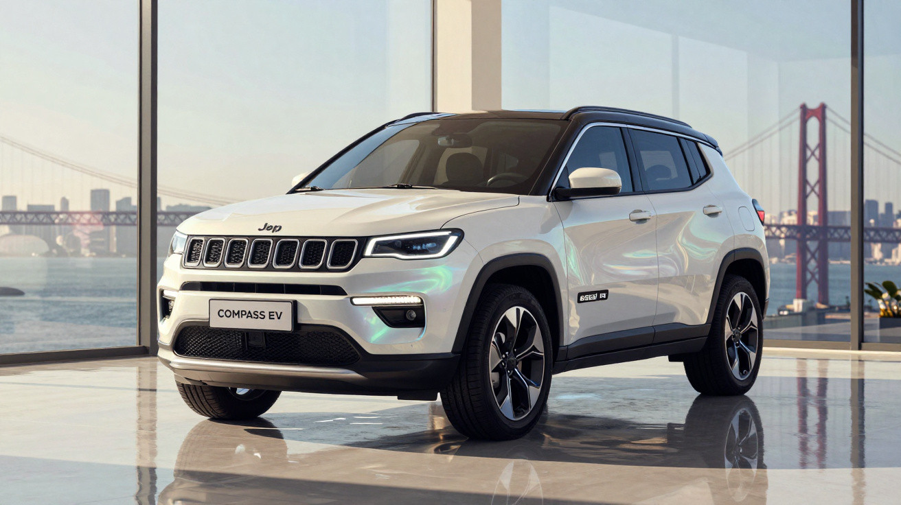 White Jeep Compass EV parked indoors with city skyline and bridge visible through large windows.
