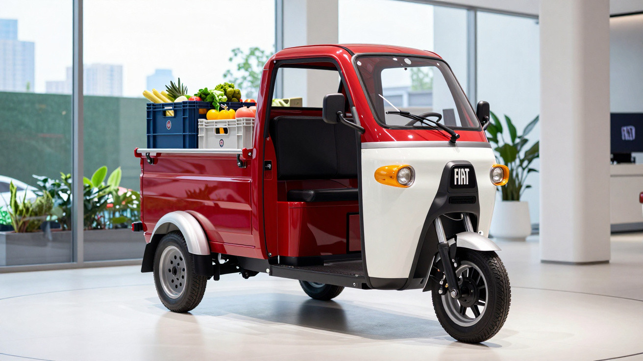 Red and white three-wheeled Fiat mini truck loaded with crates of fruits and vegetables indoors.