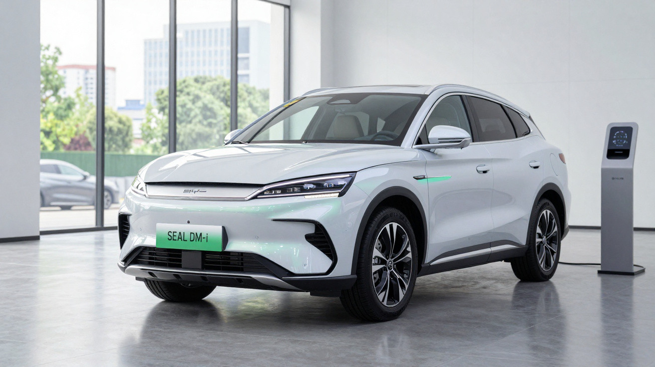 White XPeng SEAL DM-i electric SUV parked indoors next to a charging station in a modern showroom.
