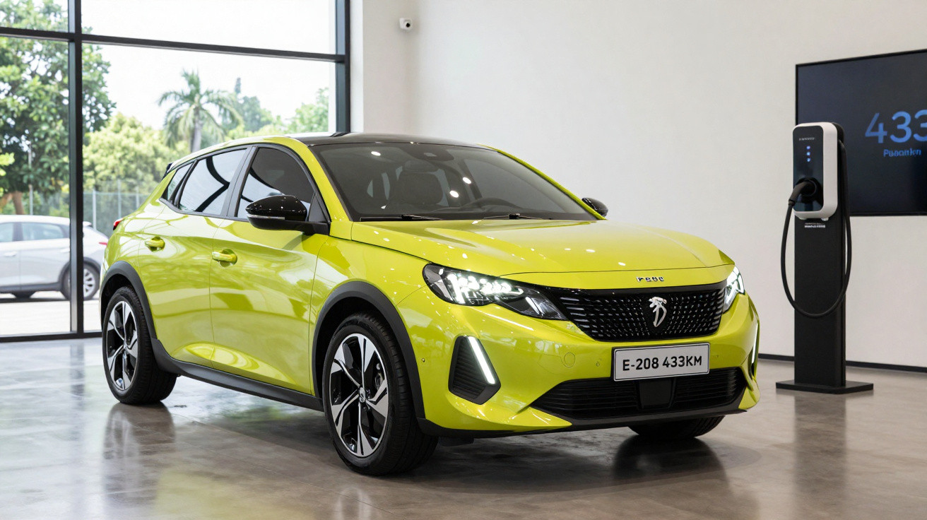 Bright yellow Peugeot electric car parked indoors near a charging station with LED headlights on.