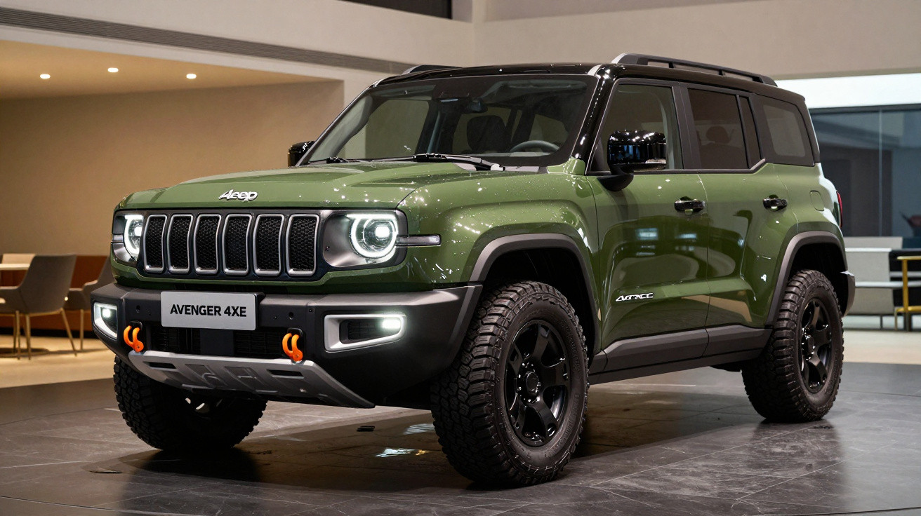 Green Jeep Avenger 4XE electric SUV with black roof and rugged off-road tyres displayed indoors.