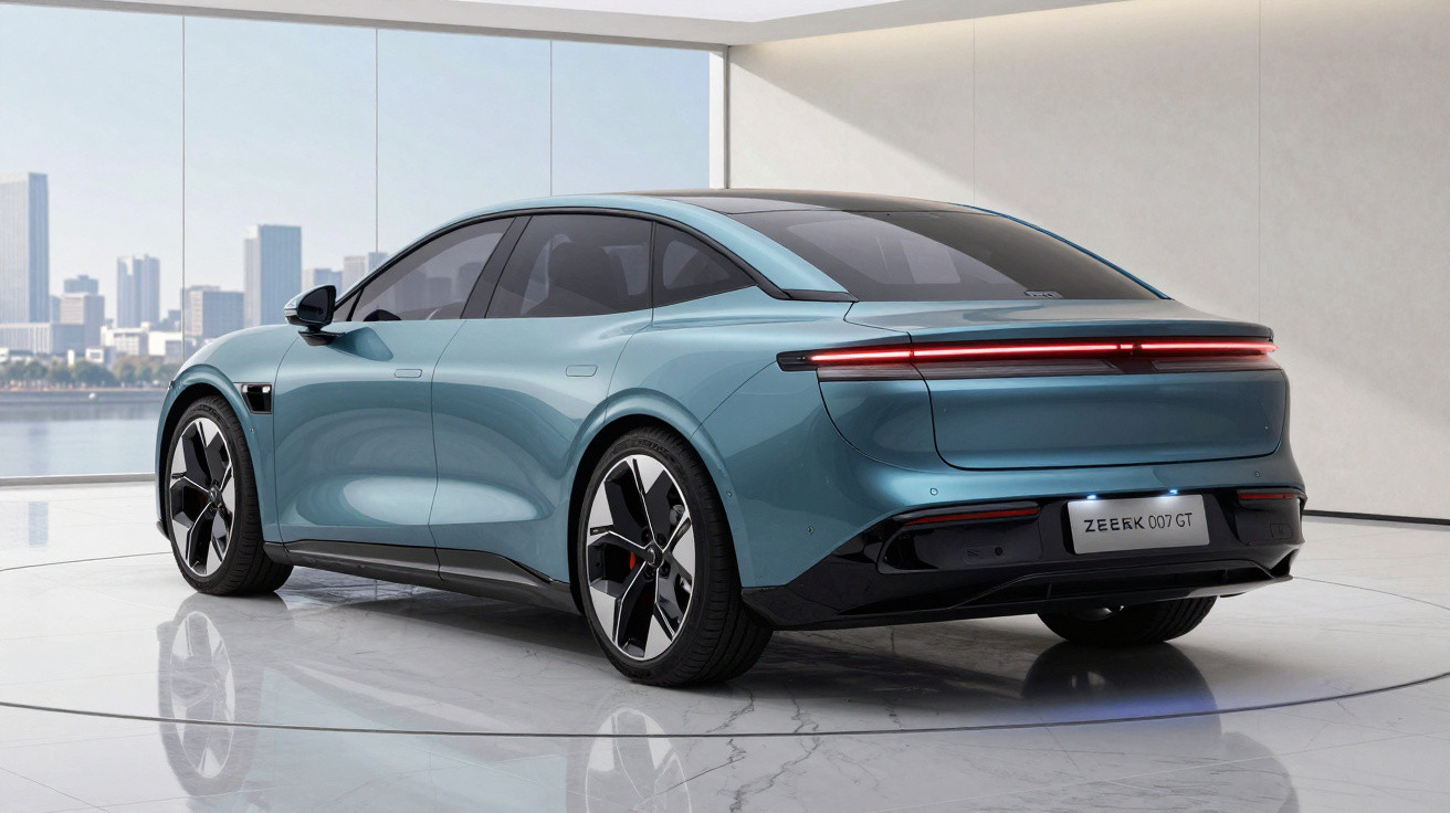 Sleek blue electric sedan with tinted windows and modern LED taillights parked indoors by large windows.