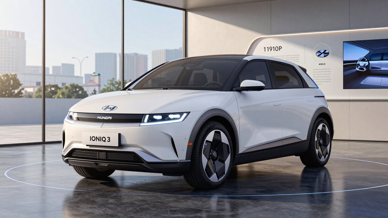 White Hyundai Ioniq 3 electric car displayed indoors with city buildings visible through large windows.