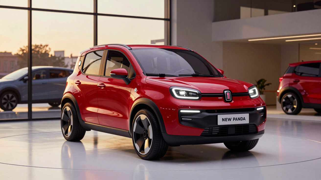 Red compact Fiat New Panda car displayed indoors with modern design and illuminated headlights.