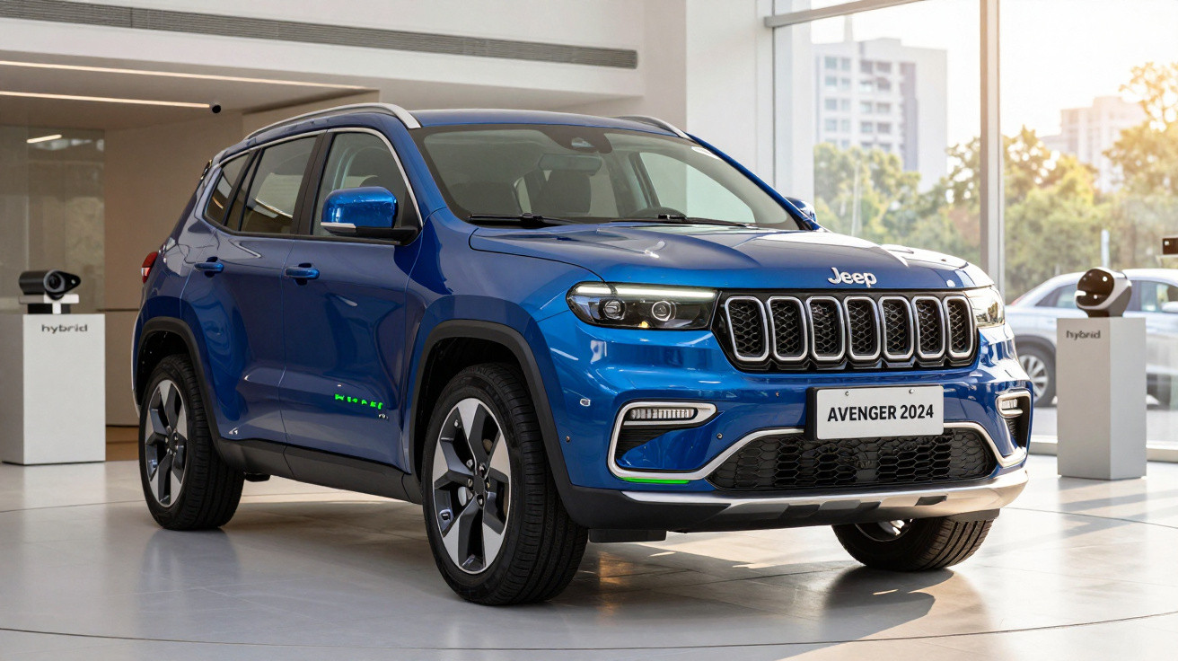Blue 2024 Jeep Avenger hybrid SUV displayed indoors in a showroom with modern design and large windows.