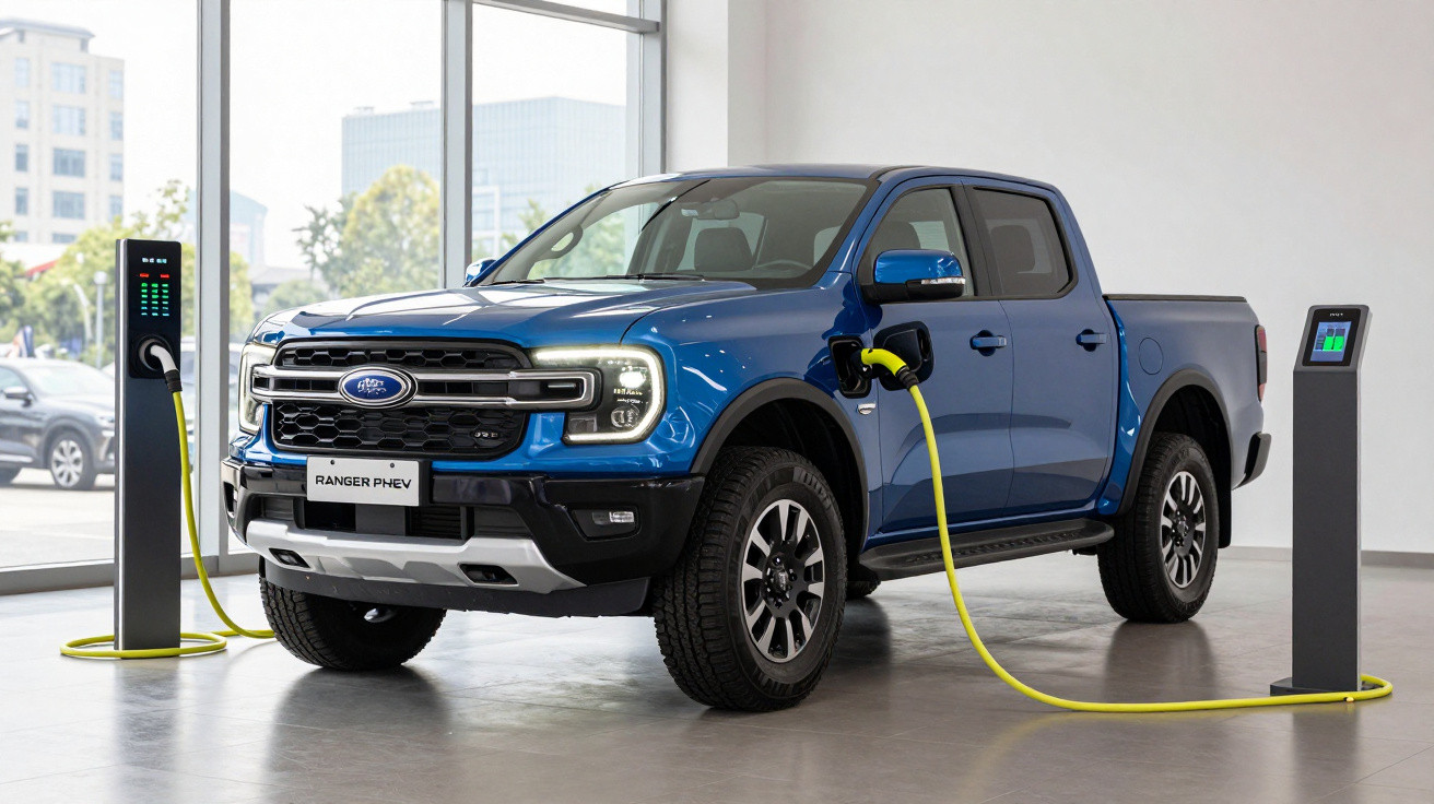 Blue Ford Ranger PHEV electric pickup truck charging indoors with yellow cables connected to two charging stations