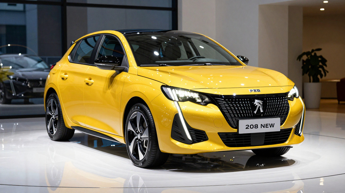 Yellow Peugeot 208 hatchback car displayed indoors on a glossy white platform with modern lighting.