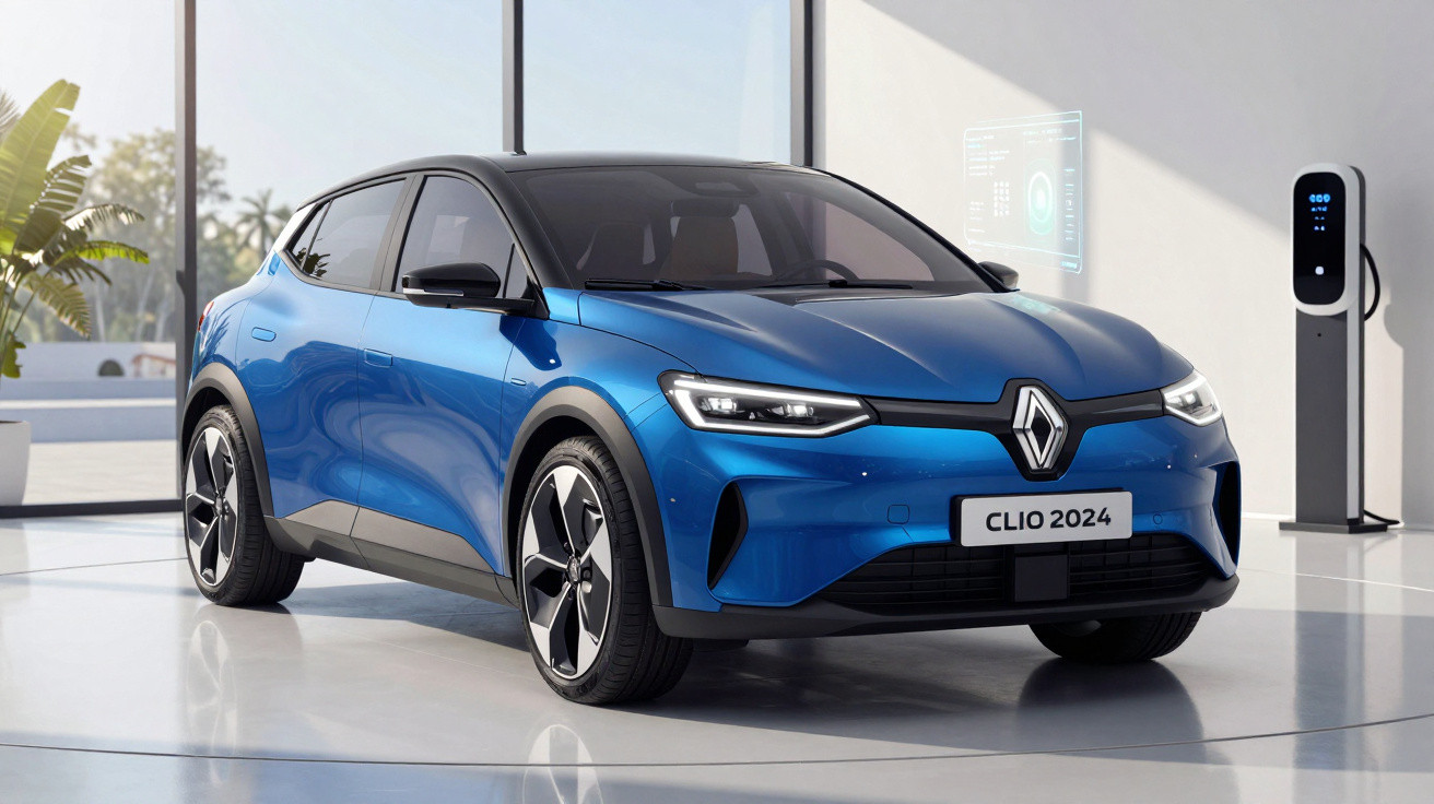 Blue 2024 Renault Clio electric car displayed indoors with charging station in the background.