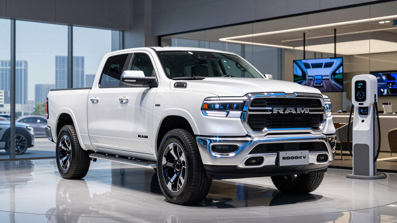White RAM 1500 EV pickup truck displayed indoors near electric vehicle charging station.