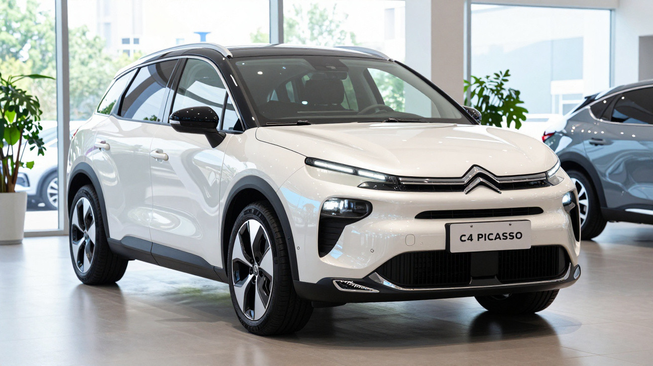 White Citroën C4 Picasso car displayed indoors with large windows and plants in the background.