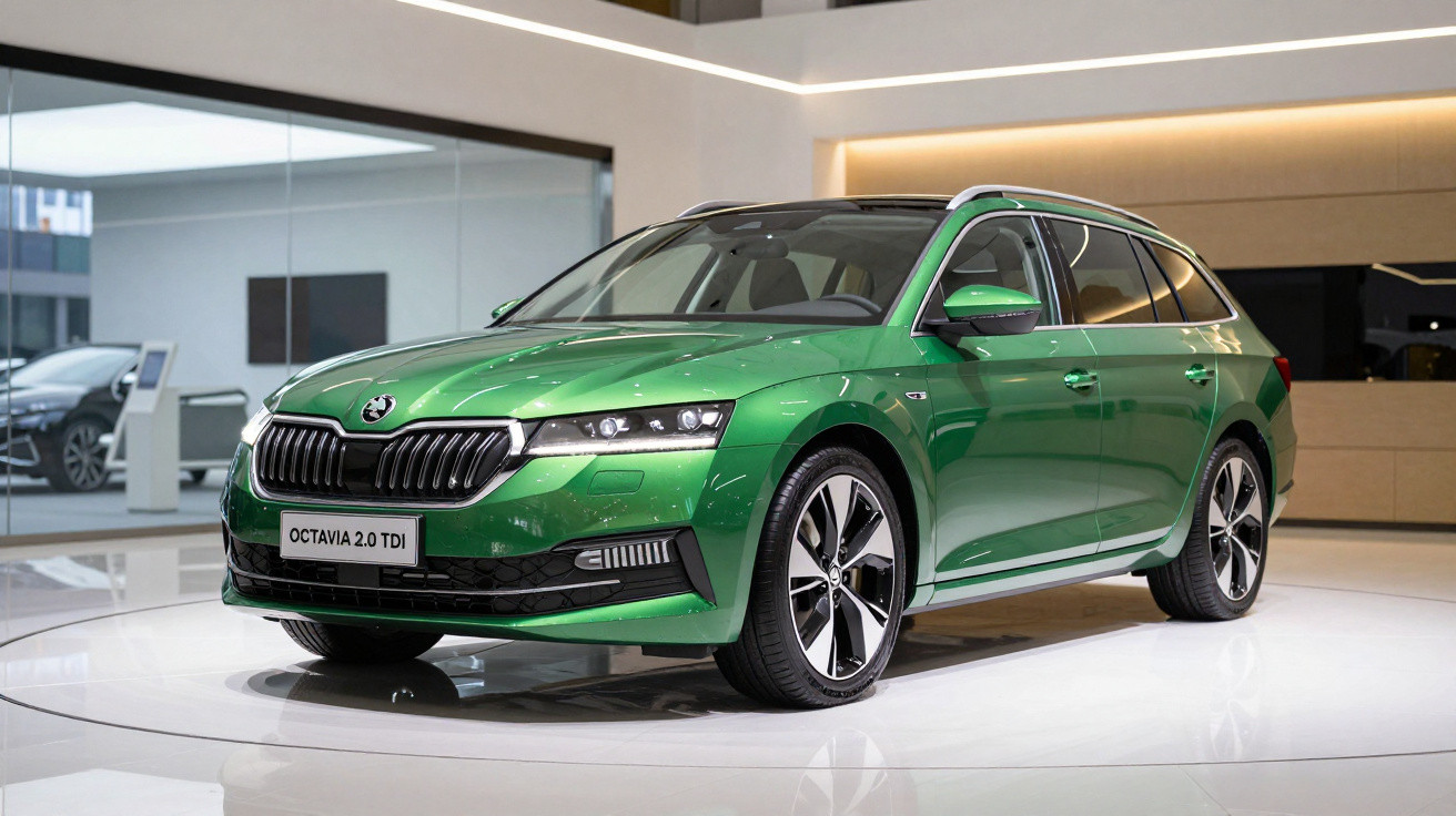 Green Škoda Octavia 2.0 TDI estate car displayed on a white showroom platform with modern interiors.