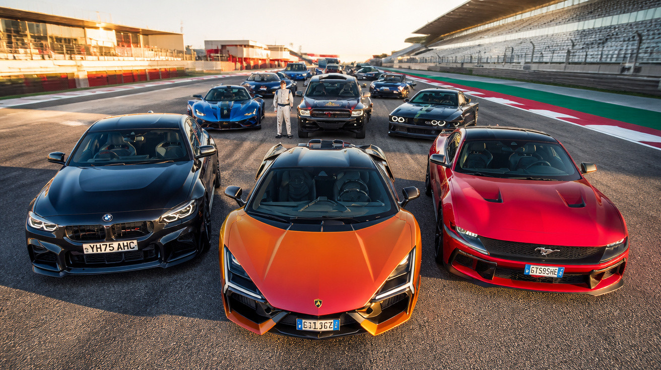 A lineup of various sports cars on a racetrack with a driver standing among them.