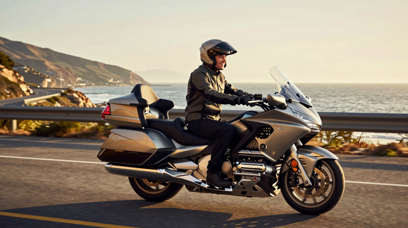 Man riding a silver touring motorcycle on a coastal road with mountains and sea in the background.