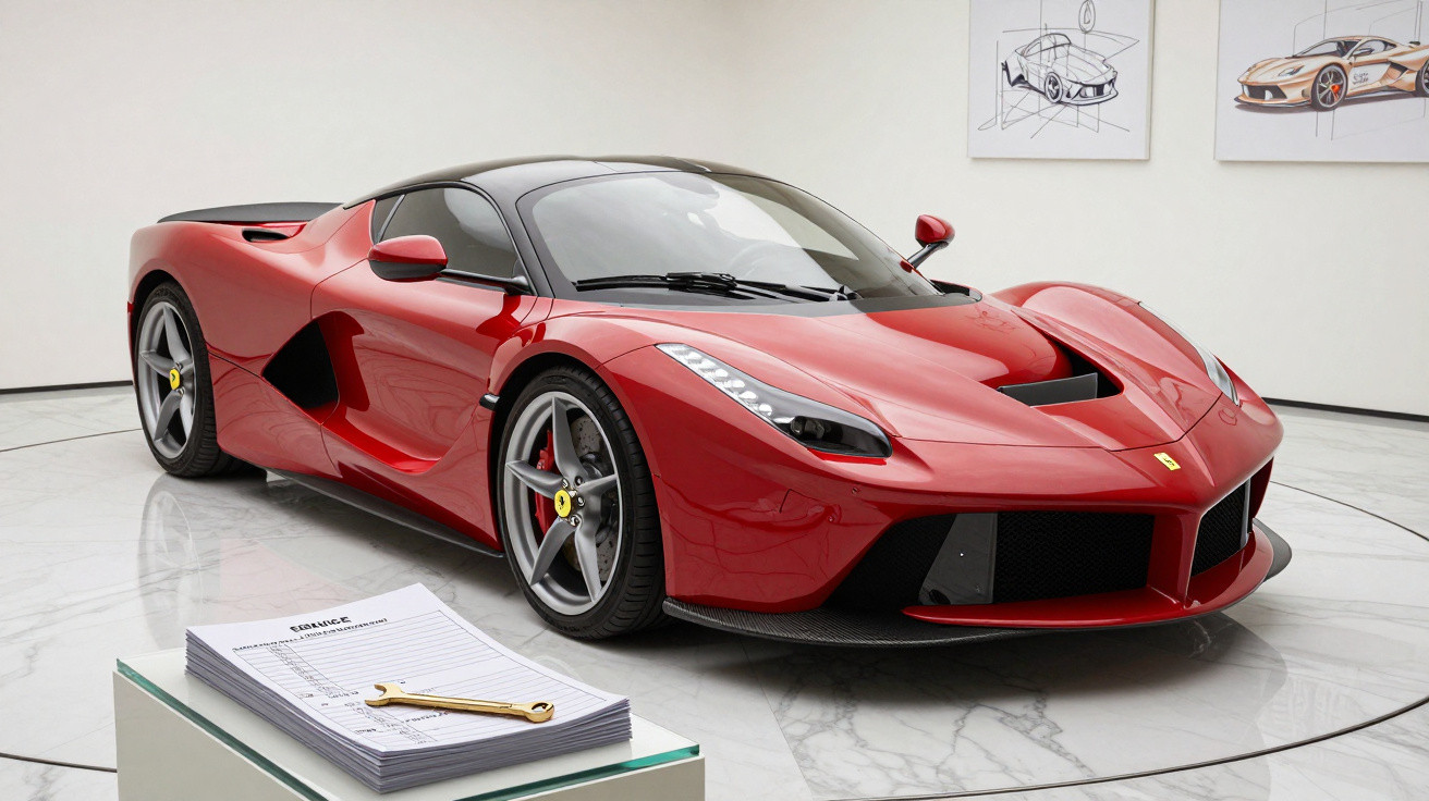 Red Ferrari sports car displayed indoors on a circular platform with sketches and a service sheet nearby.
