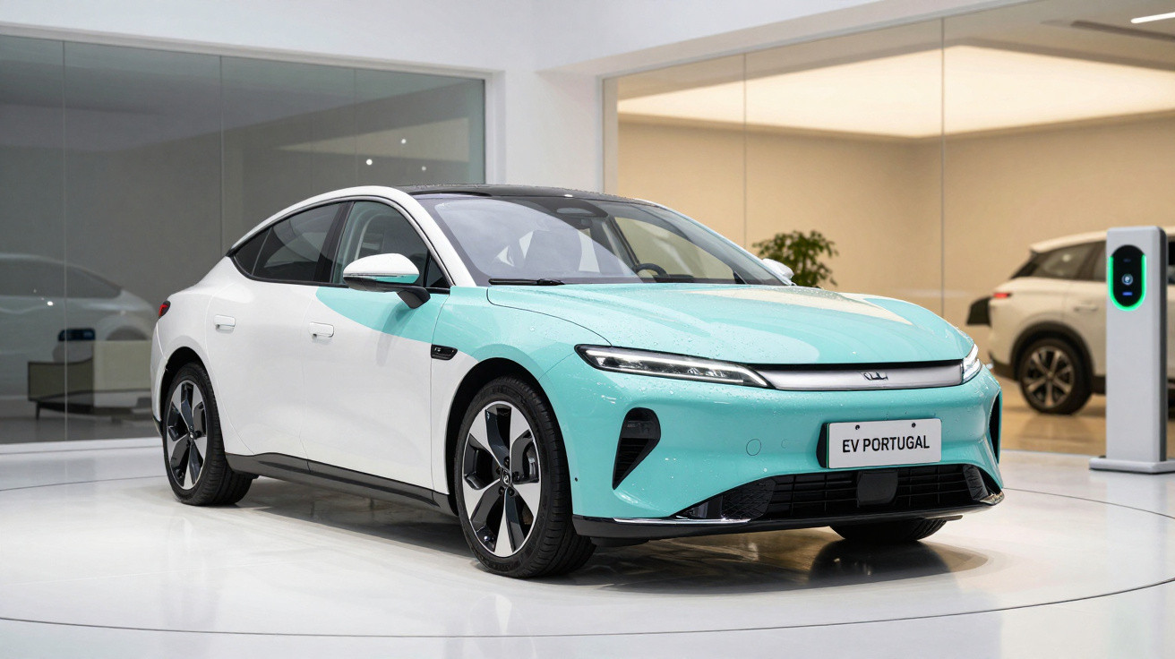 Two-tone white and turquoise electric sedan car displayed indoors with EV Portugal licence plate and charging station nearby.