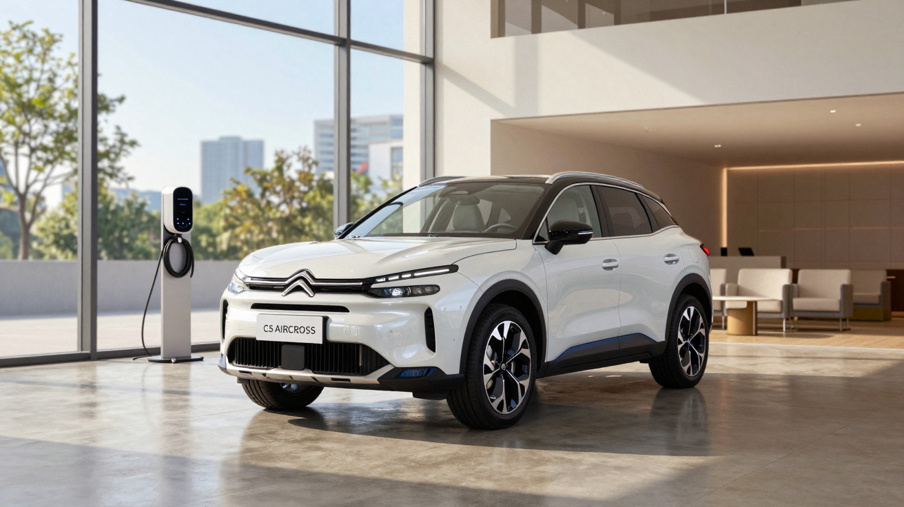 White Citroën C5 Aircross SUV parked indoors near an electric vehicle charging station by large windows.