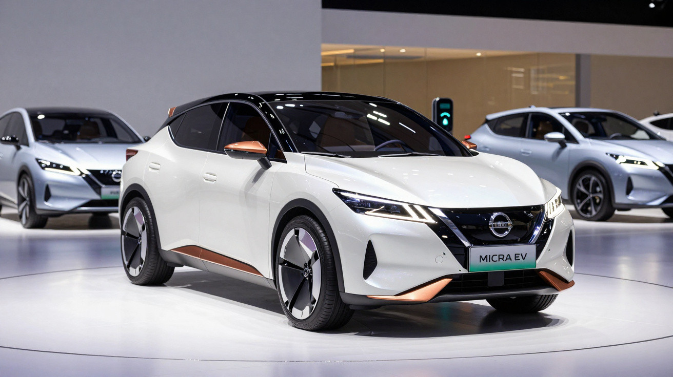 White Nissan Micra EV electric car on display in showroom with other cars in background