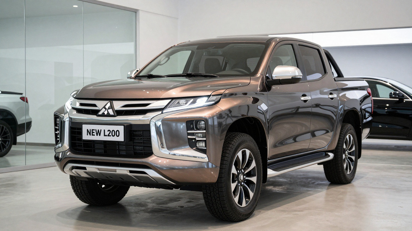 Metallic brown Mitsubishi New L200 pickup truck displayed indoors on a polished floor in showroom.