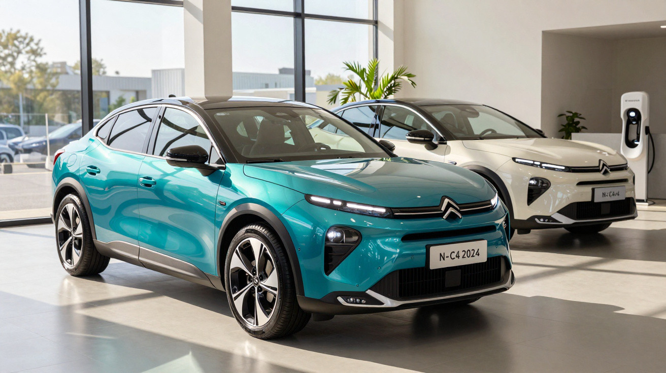 Two modern Citroën electric cars, one turquoise and one white, displayed in a bright showroom.