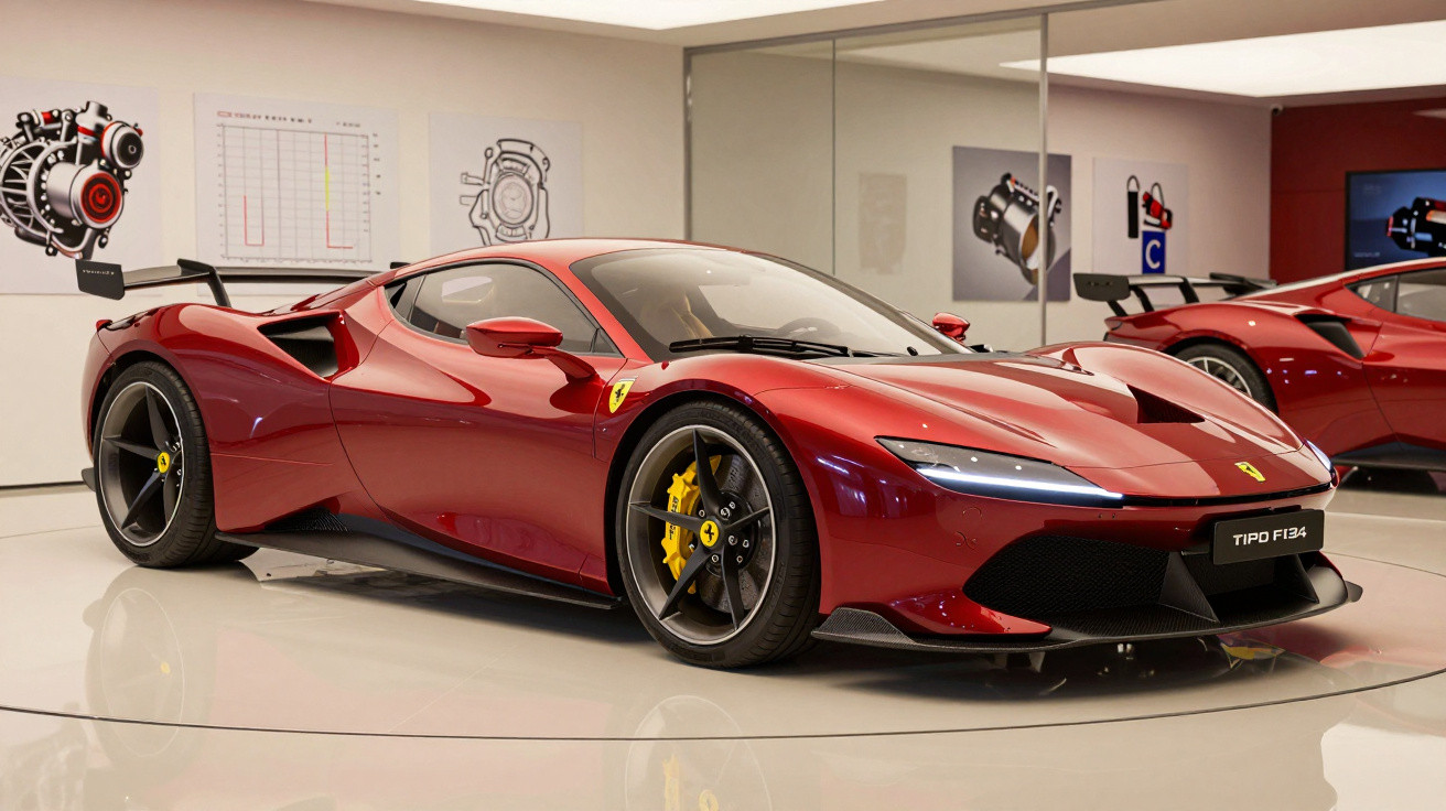 Red Ferrari Tipo F134 sports car displayed in a showroom with sleek design and yellow brake calipers.