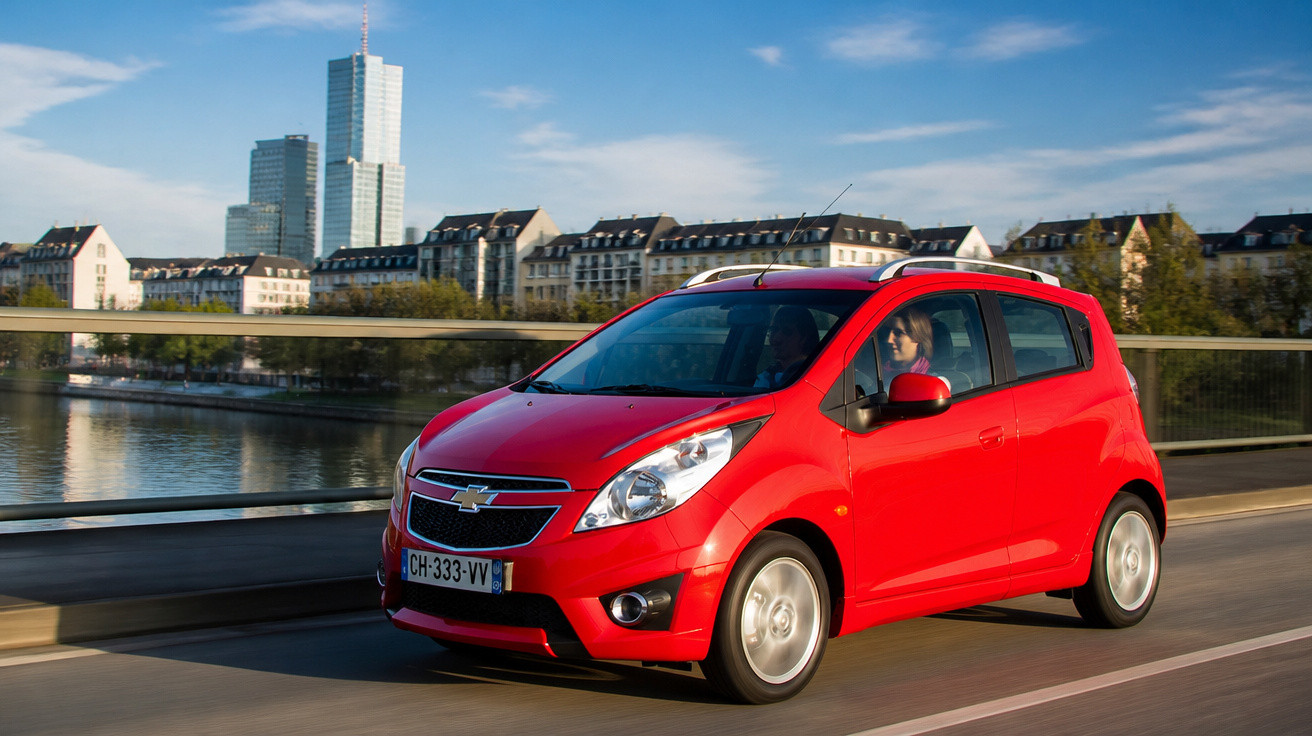 Red Chevrolet Spark compact car driving on urban road beside river with city skyline in background on sunny day.