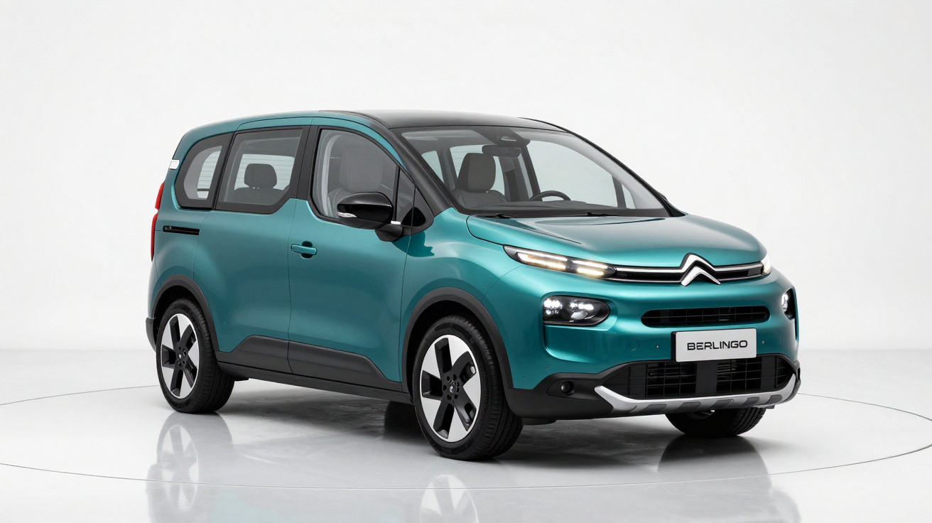 Teal Citroën Berlingo MPV with black roof and modern LED headlights on a white studio background.