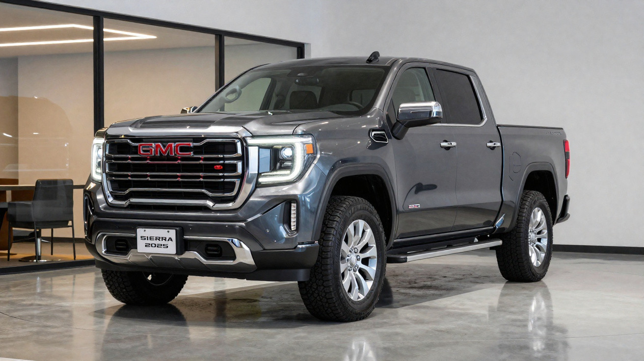 Grey 2025 GMC Sierra pickup truck parked indoors with large front grille and modern headlights.