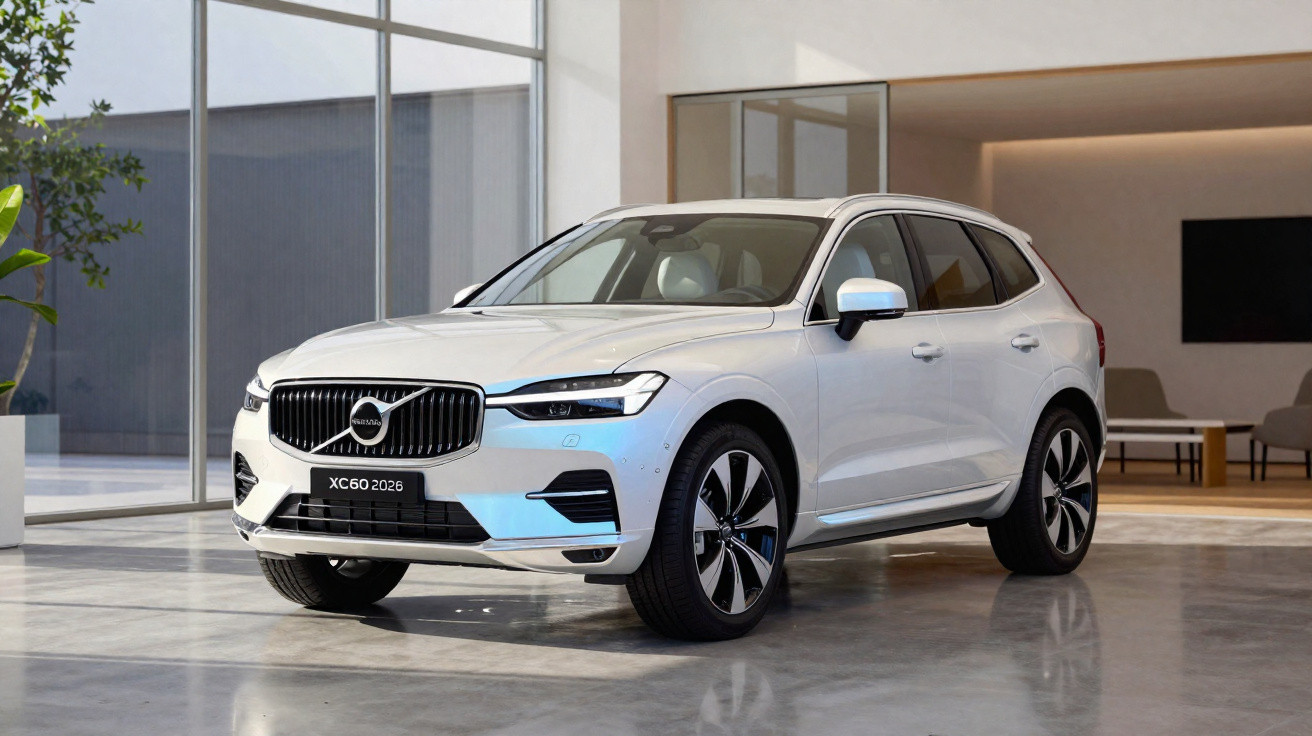 White 2026 Volvo XC60 SUV parked inside a modern showroom with large windows and grey flooring.
