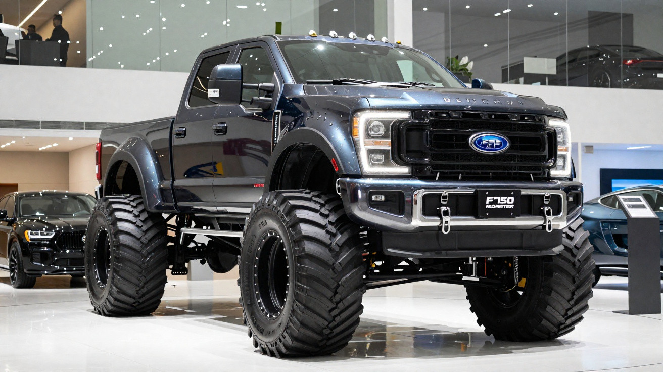 Black Ford F-150 Monster truck with large off-road tires displayed indoors at an auto show.