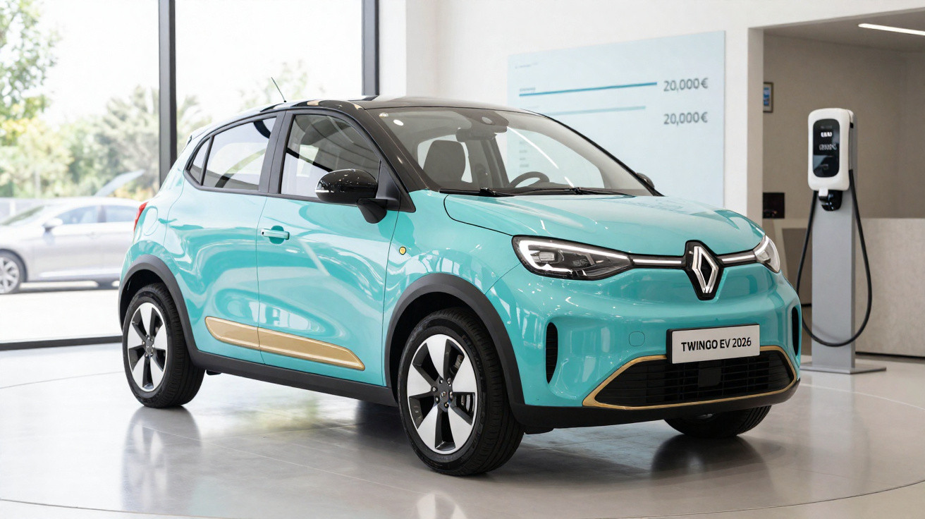 Turquoise Renault Twingo EV 2026 electric car displayed in a showroom next to a charging station.