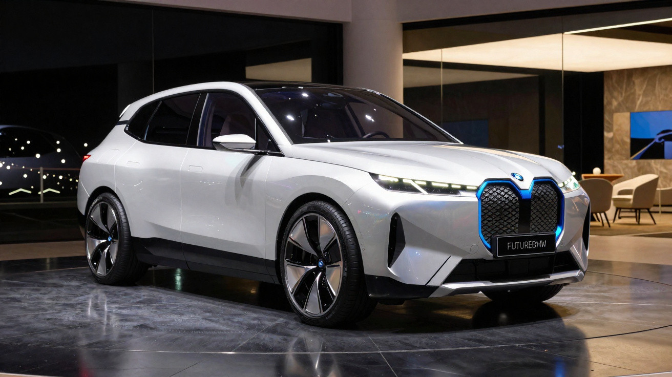 White BMW electric SUV with blue grille lighting displayed indoors on glossy floor