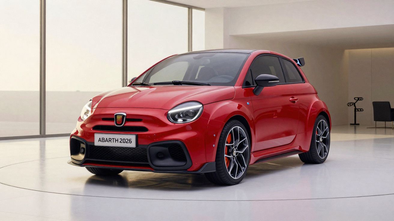 Red 2026 Abarth hatchback car displayed indoors with sleek design and sporty features.