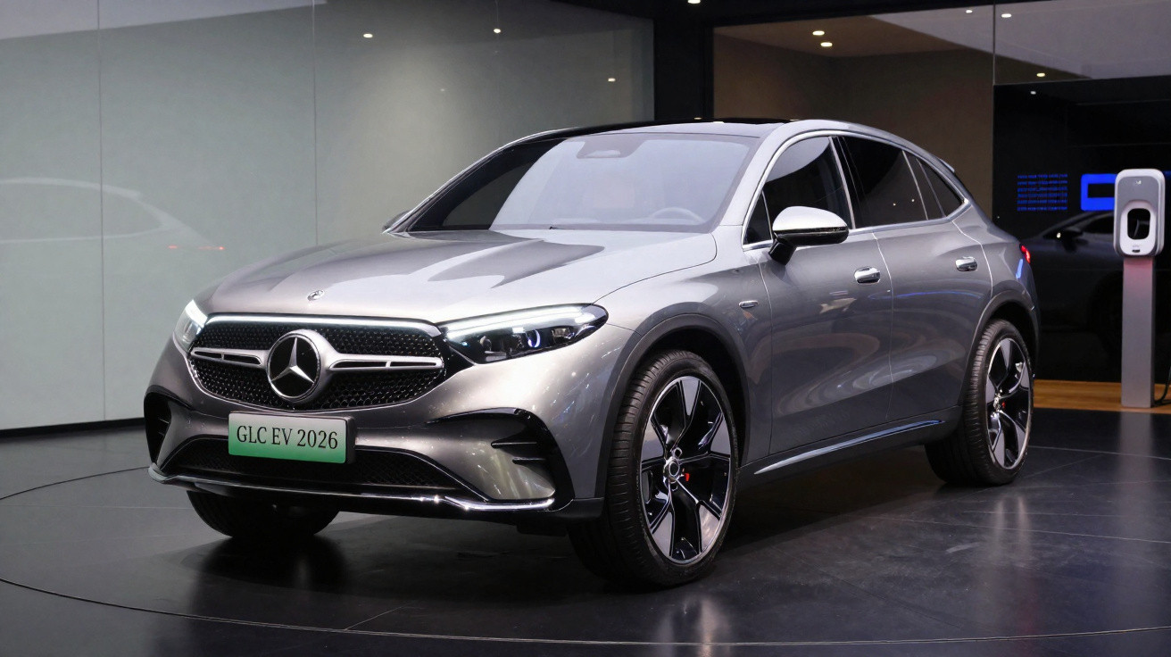 Silver Mercedes-Benz GLC EV 2026 electric SUV displayed in a showroom with modern charging station nearby.