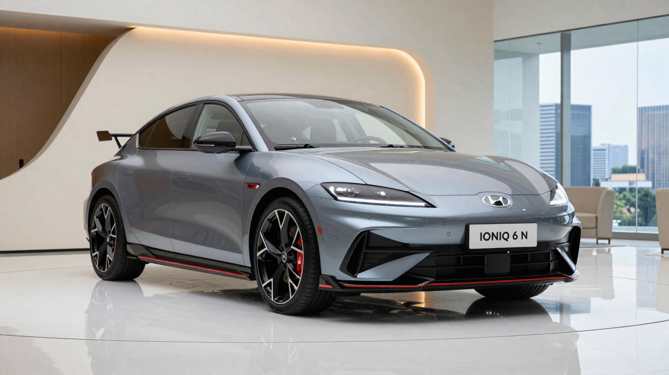 Silver Hyundai Ioniq 6 N electric sports sedan displayed in a modern showroom with cityscape background.