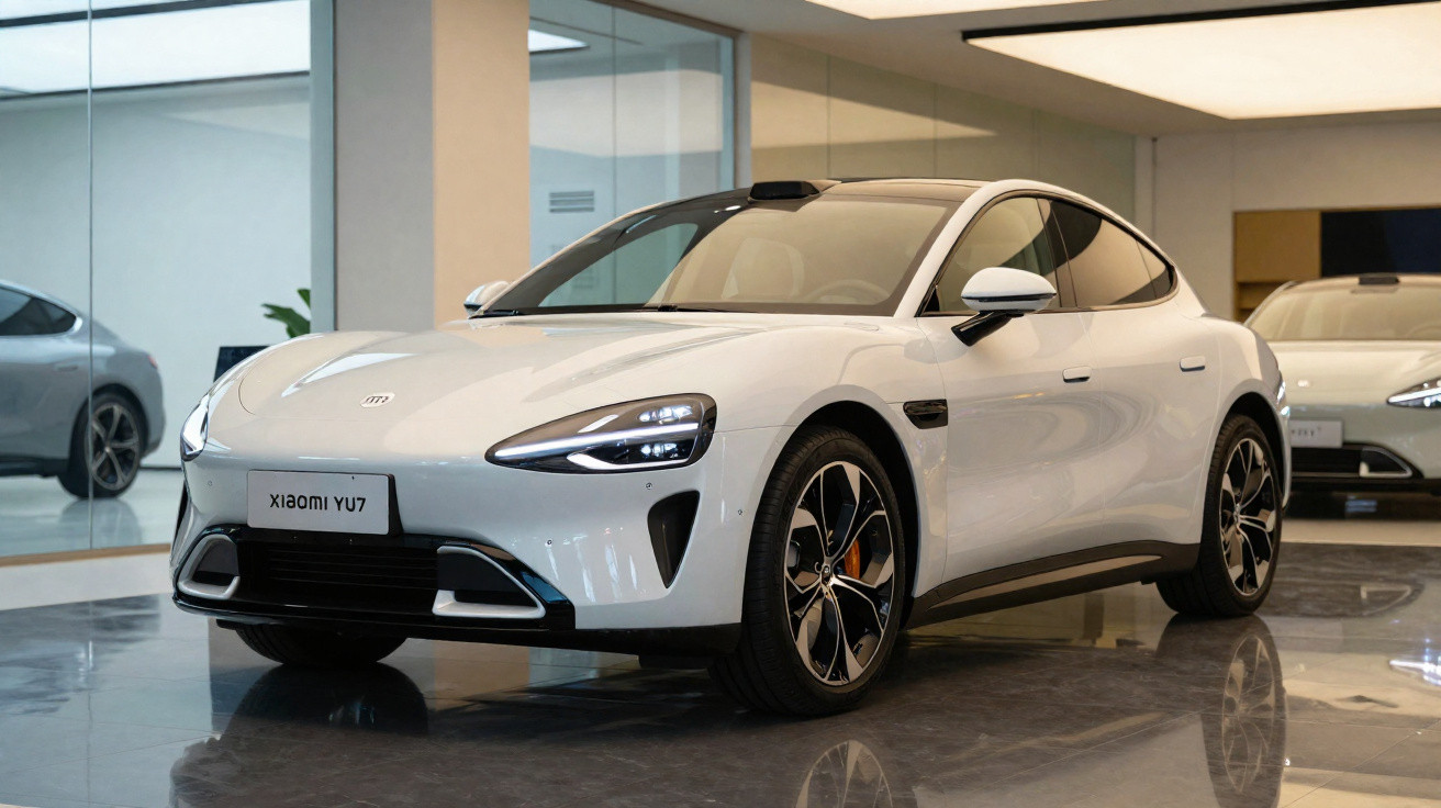 White Xiaomi YU7 electric car displayed indoors with sleek design and modern LED headlights