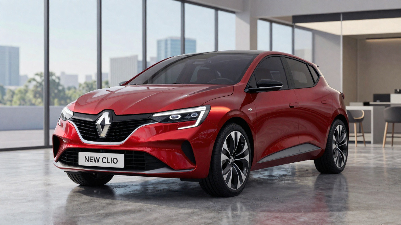 Red Renault New Clio hatchback parked indoors with large windows and cityscape background.