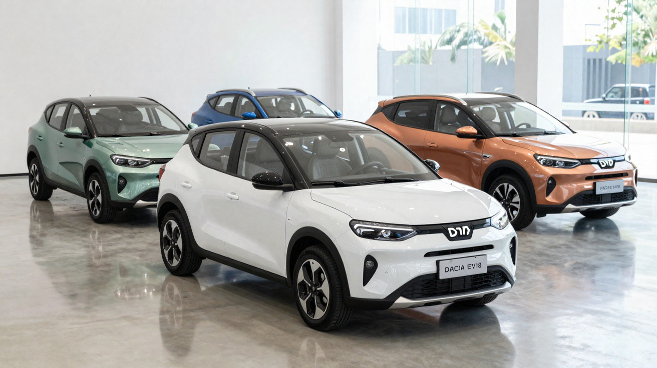 Four Dacia electric cars in different colours displayed inside a bright showroom with large windows.