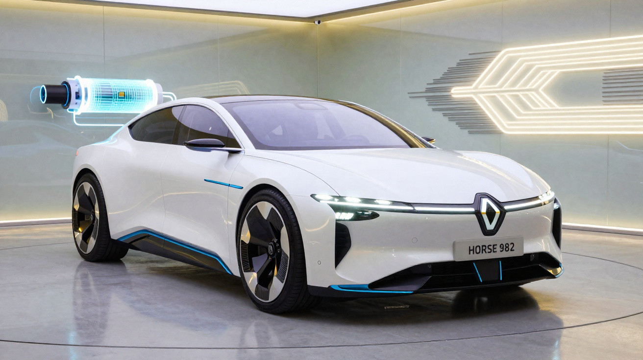 White Renault electric concept car displayed indoors with futuristic lighting and battery graphic on wall.