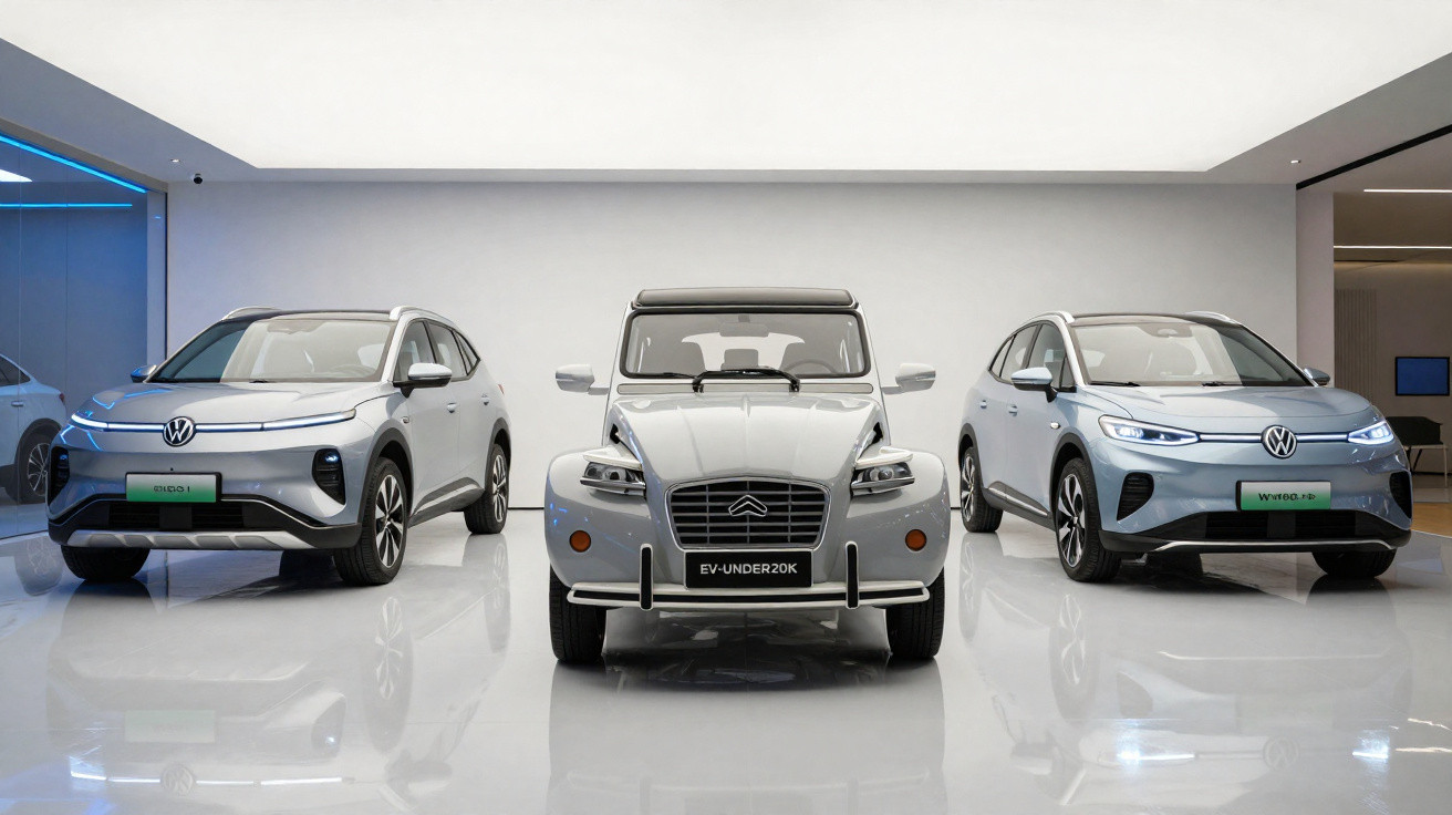 Three modern electric cars displayed in a showroom with a vintage-style car in the centre.