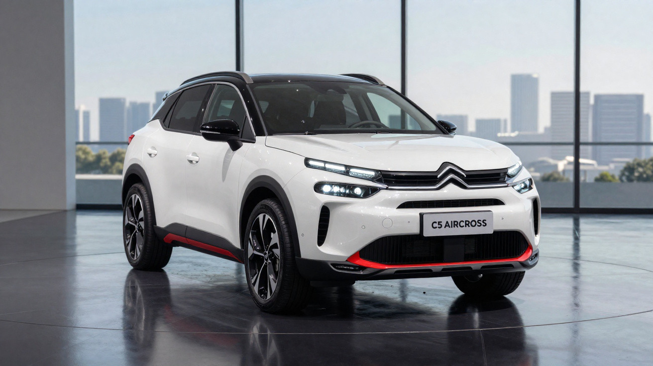 White Citroën C5 Aircross SUV with black roof and red accents parked indoors with cityscape background.