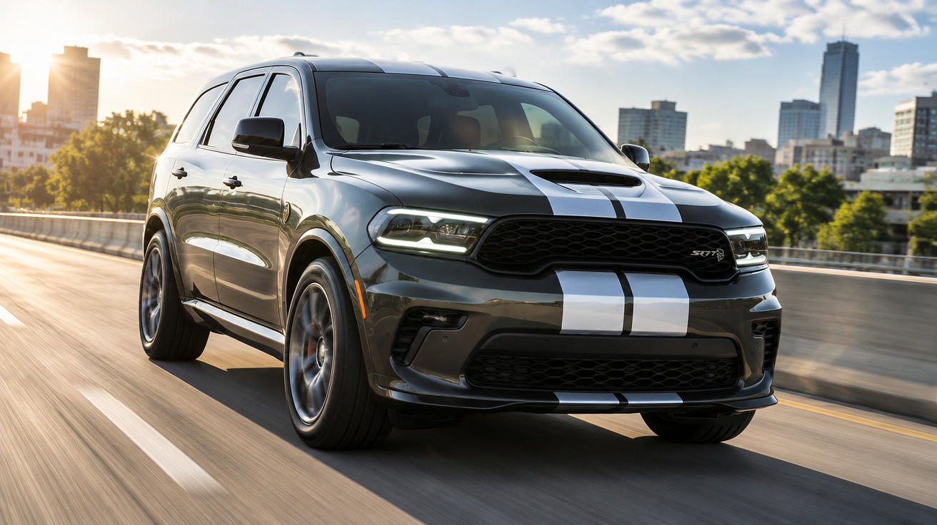 Black Dodge Durango SRT with white racing stripes driving on city road at sunset.
