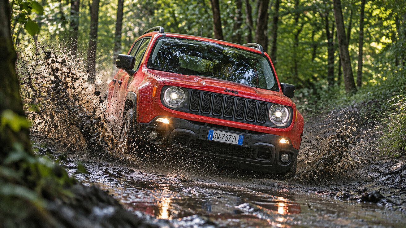Red Jeep driving at speed through muddy forest track, splashing mud and water around.
