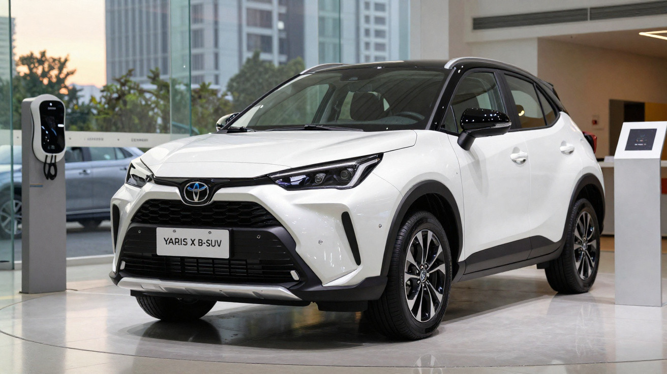 White Toyota Yaris X B-SUV parked indoors near an electric vehicle charging station.