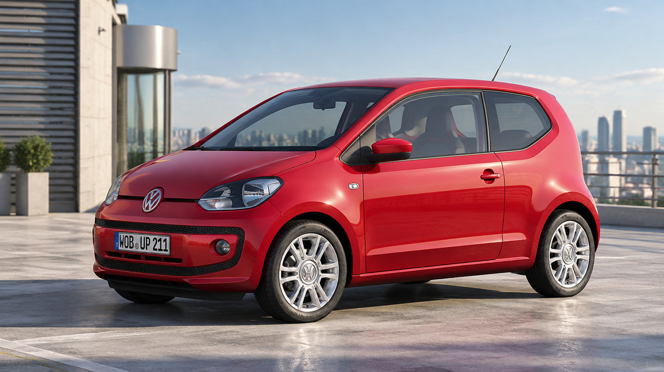 Red Volkswagen compact car parked on rooftop with city skyline in the background on a clear day.