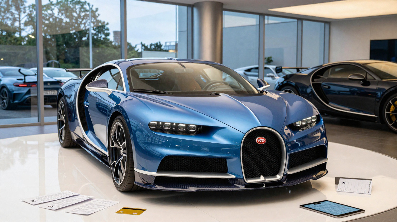 Blue Bugatti Chiron sports car displayed indoors with documents and a tablet nearby on the floor.
