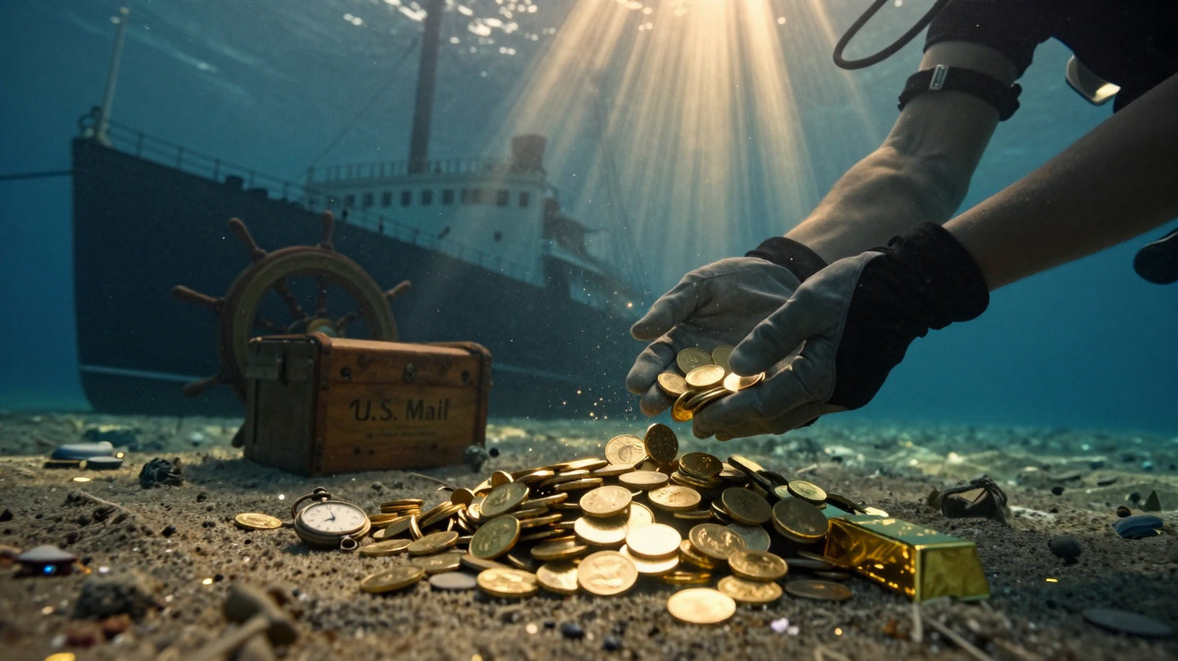 Underwater scene of a diver collecting gold coins near a sunken ship with a U.S. Mailbox and pocket watch.