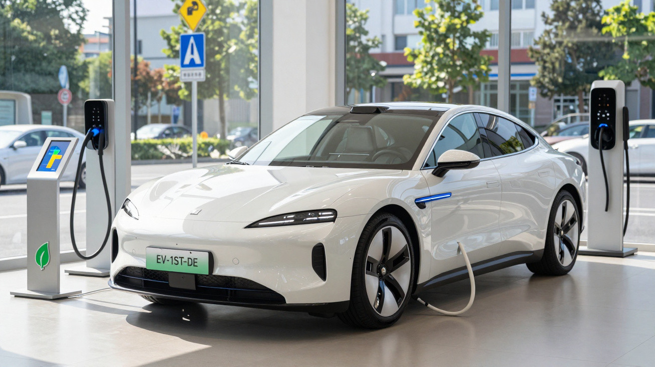 White electric car charging at a modern indoor charging station with large windows and trees outside.